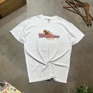 Vintage Y2K Budweiser Football Beer Tee Mens XL White Red Football NFL Shirt